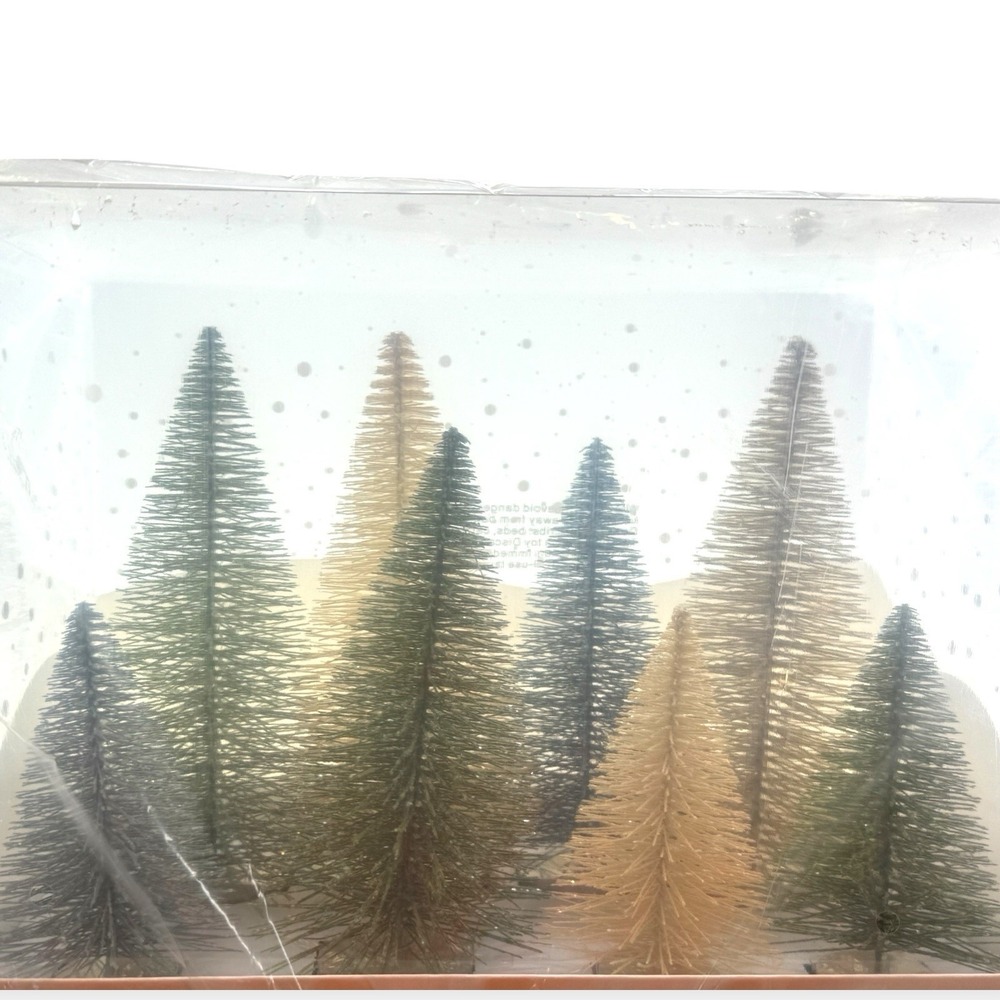 Crate & Barrel Sage & Silver Bottle Brush Christmas Trees Set of 8 New Sealed - Picture 2 of 6